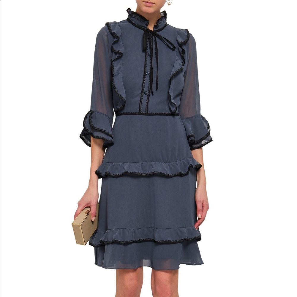 Mikael Aghal Blue Ruffle Lace Trimmed Dress